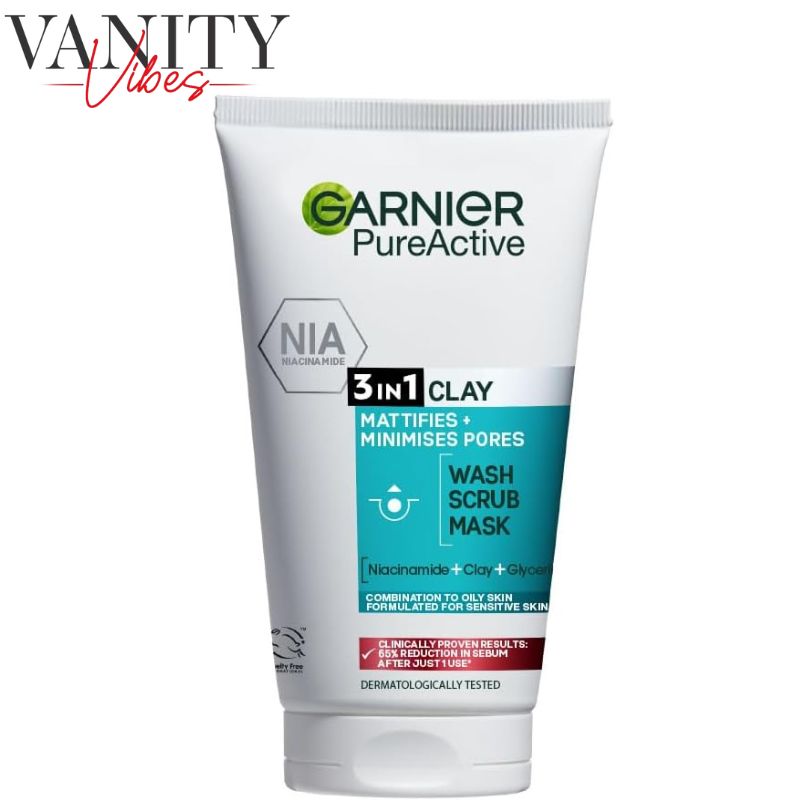 Garnier Pure Active 3-in-1 Clay Wash, Scrub & Mask 150ml Deep Cleansing & Oil Control