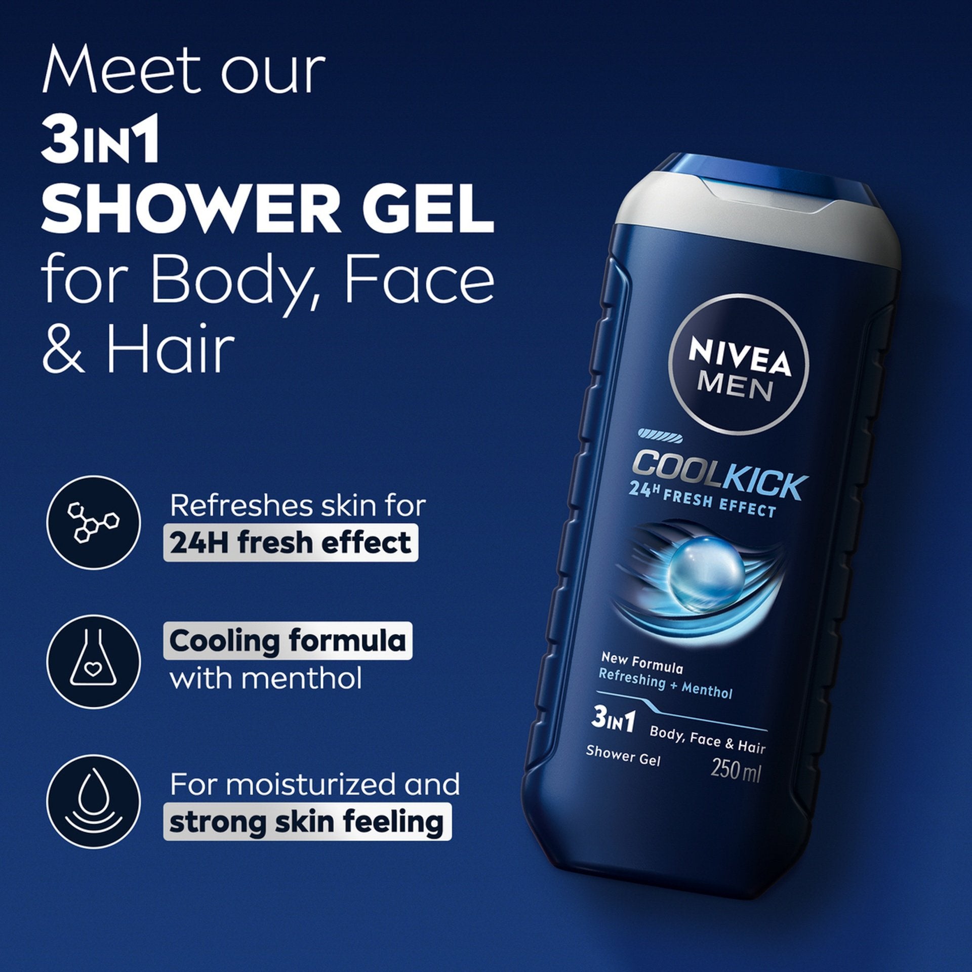 Nivea Men Cool Kick 24H Fresh Effect 3-In-1 Shower Gel For Body, Face & Hair 250ml