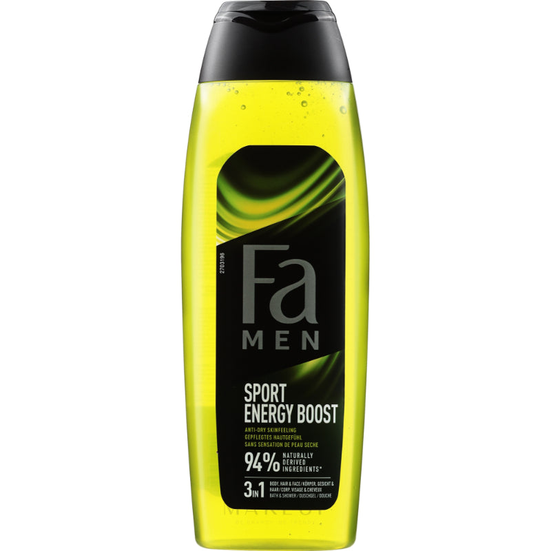 Fa Men Sport Energy Boost 3-in-1 Body, Hair & Face Shower Gel 250ml – 95% Naturally Derived Ingredients, 100% Recycled Bottle
