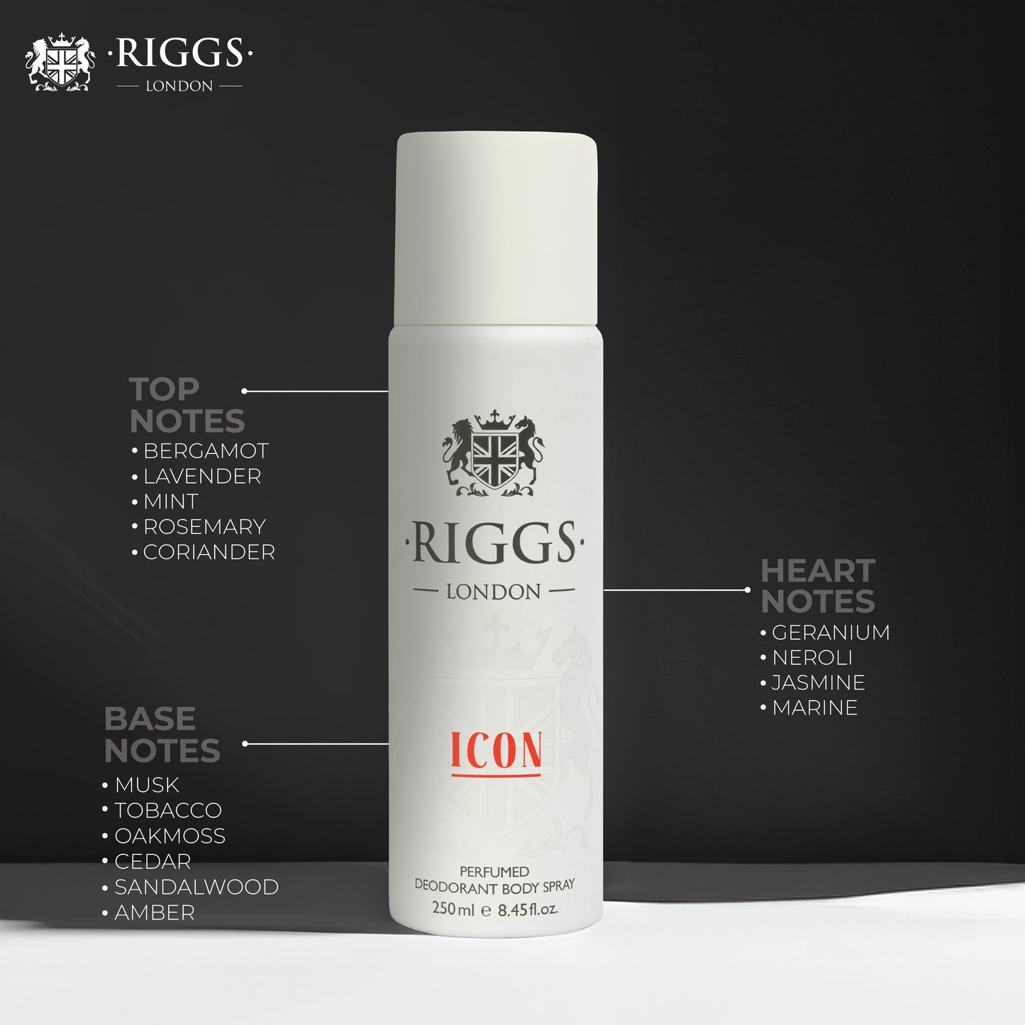 Riggs London Icon Perfumed Deodorant Body Spray 250ml Long-Lasting Fresh & Masculine Fragrance