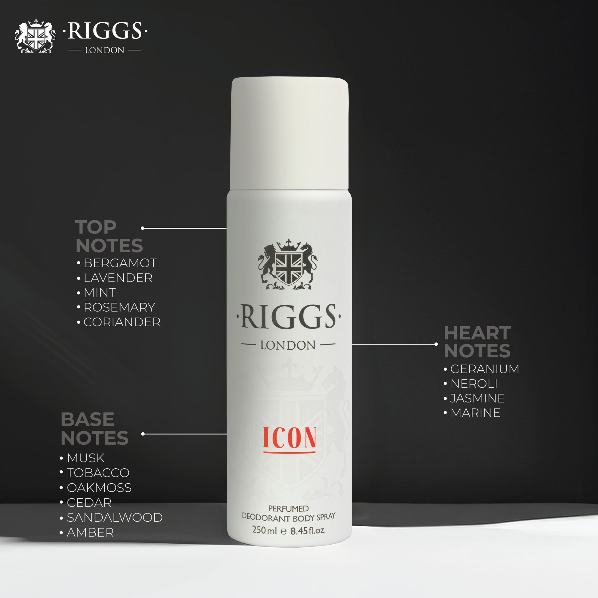 Riggs London Icon Perfumed Deodorant Body Spray 250ml Long-Lasting Fresh & Masculine Fragrance