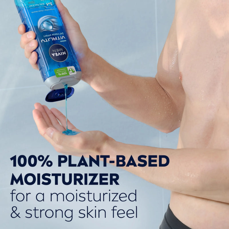 Nivea Men Vitality 24H Fresh Effect 3 in 1 Body, Face & Hair Shower Gel 250ml – Energizing All-in-One Cleanser for Men