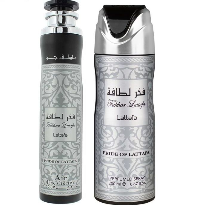 Fakhar Silver Deodorant Spray 200ml + Fakhar Silver Air freshener by Lattafa 300ml (Pack of 2)