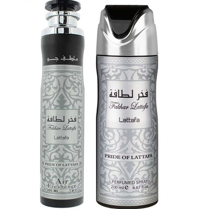 Fakhar Silver Deodorant Spray 200ml + Fakhar Silver Air freshener by Lattafa 300ml (Pack of 2)
