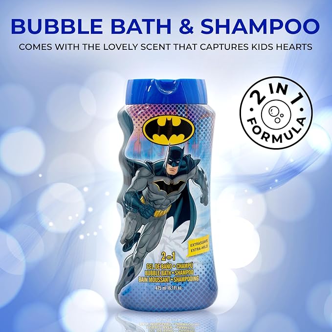 Lorenay Batman 2-in-1 Bubble Bath & Shampoo 475ml - Kids Gentle Hair & Body Wash for Soft Cleansing, Fun Bath Time & Long Las