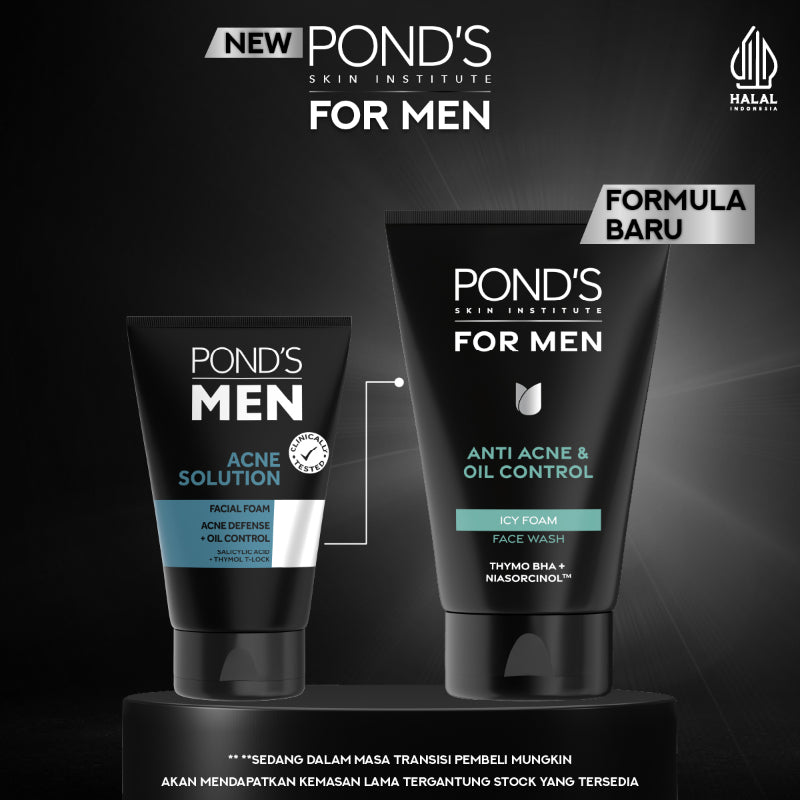 Pond’s Men Anti-Acne & Oil Control Icy Foam Face Wash 100g - With Thymo BHA & Niasorcinol for Clear, Refreshed Skin