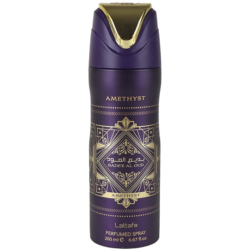Badee Al Oud Amethyst Deodorant Spray 200ml + Badee Al Oud Amethyst Air Freshener 300ml by Lattafa (Pack of 2)