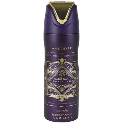 Badee Al Oud Amethyst Deodorant Spray 200ml + Badee Al Oud Amethyst Air Freshener 300ml by Lattafa (Pack of 2)