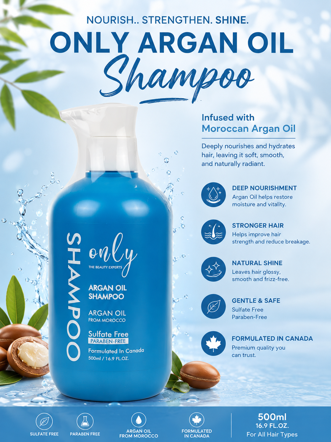 AURA Only Argan Oil Moisturizing Shampoo 500ml - Deep Nourishing Hair Care Shampoo for Dry & Damaged Hair, Frizz Control, Smo
