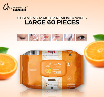 Glamorous Face Cleansing Makeup Remover Wipes Large 60 Pieces (Vitamin C)