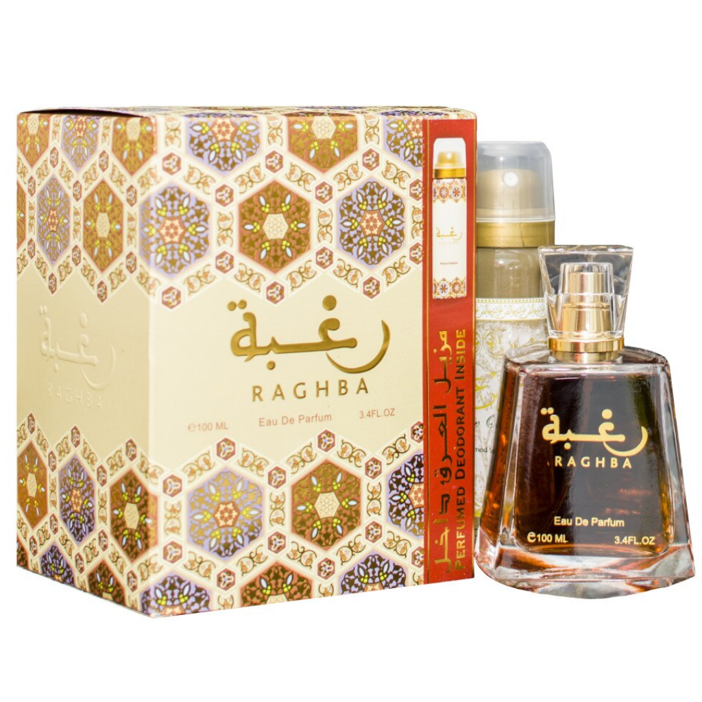 Lattafa Raghba Eau de Parfum 100ml with Deodorant - Long Lasting Original Sweet Gourmand Fragrance Gift Set for Men & Women
