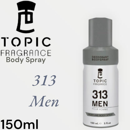 313 Men Pour Homme Topic Fragrance Perfume Body Spray 150ml - Long Lasting Masculine Body Mist for Men, Fresh & Bold Scent