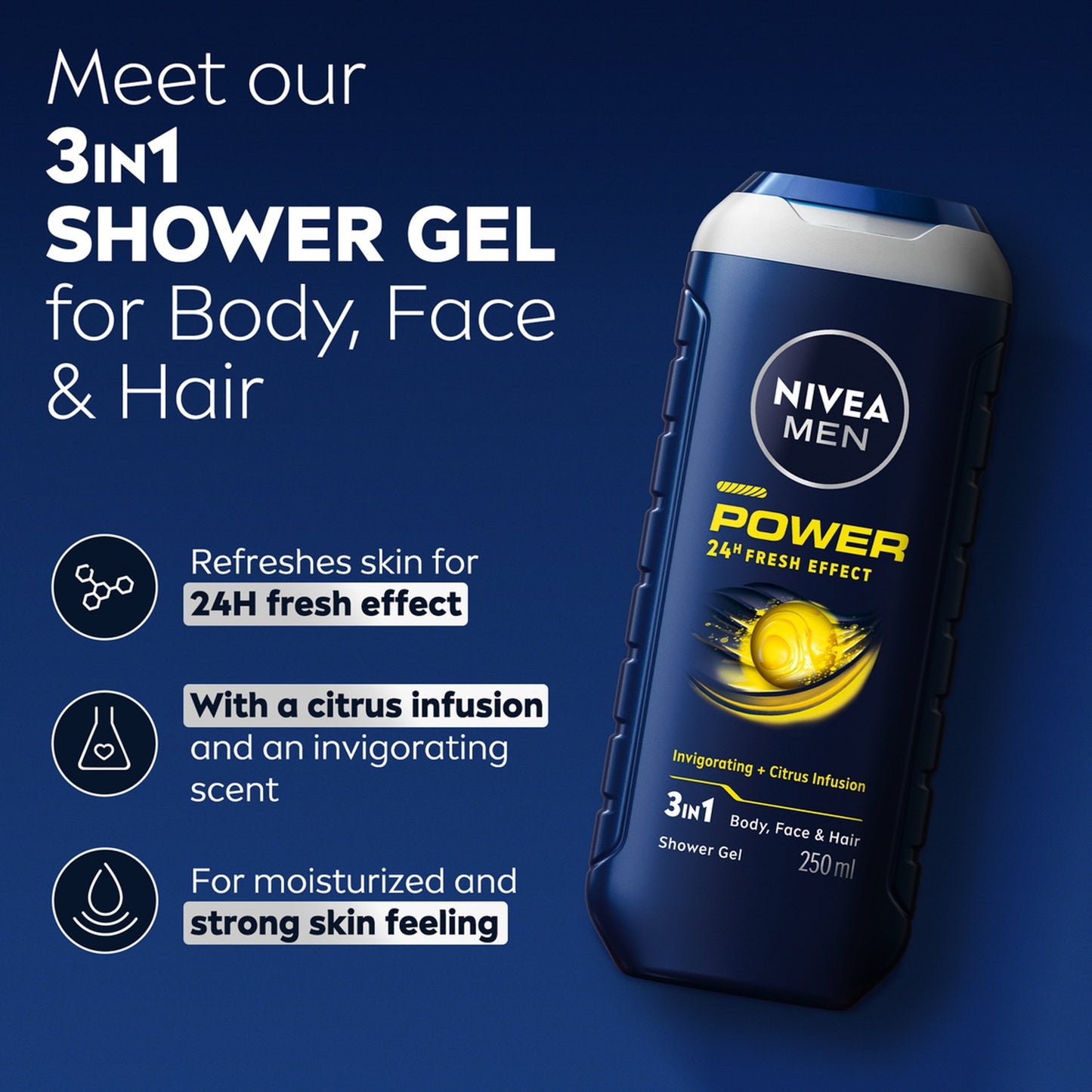 Nivea Men Power 24H Fresh Effect 3-In-1 Shower Gel For Body, Face & Hair 250ml