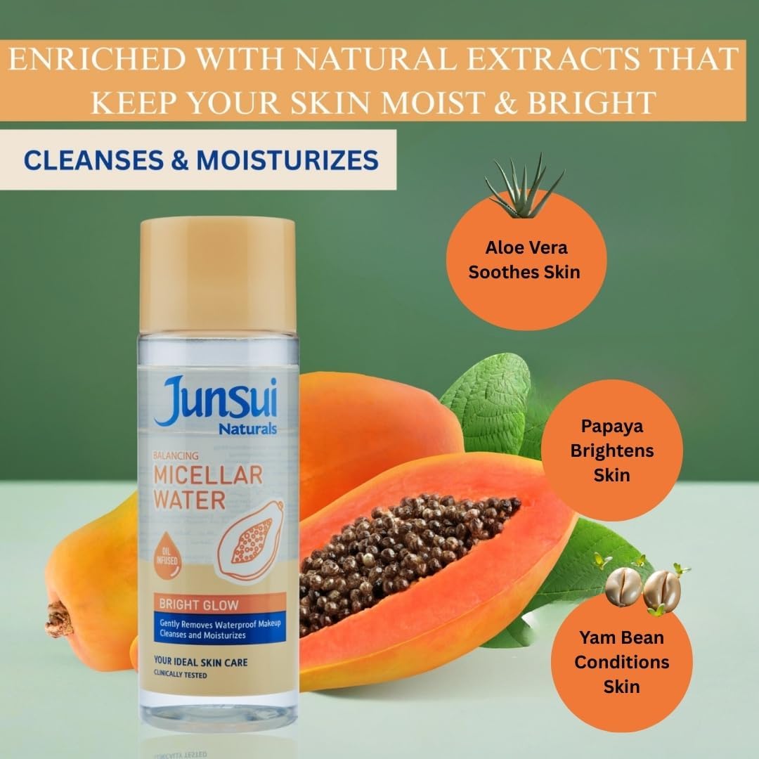 Junsui Naturals Balancing Bright Glow Micellar Water 140ml – Gentle Makeup Remover & Facial Cleansing Water for Deep Cleansin