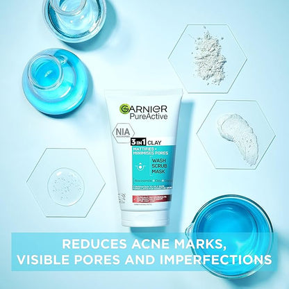 Garnier Pure Active 3-in-1 Clay Wash, Scrub & Mask 150ml Deep Cleansing & Oil Control