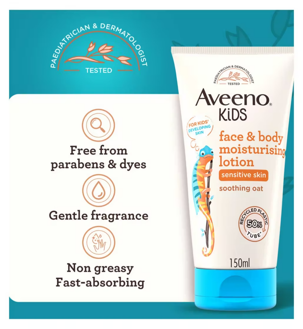 Aveeno Kids Face & Body Moisturising Lotion 150ml - Soothing Oat Formula for Sensitive Skin