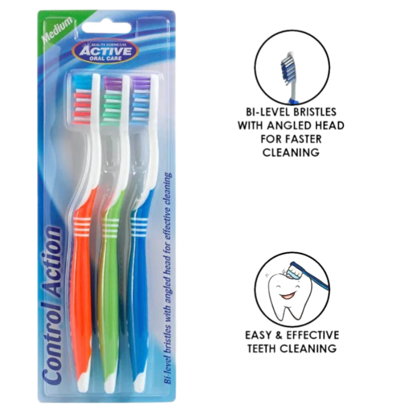 Beauty Formulas Active 3S Control Action Medium Toothbrush - Deep Cleaning Bristles for Plaque Removal, Gum Care & Daily Oral