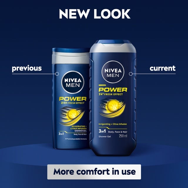 Nivea Men Power 24H Fresh Effect 3-In-1 Shower Gel For Body, Face & Hair 250ml
