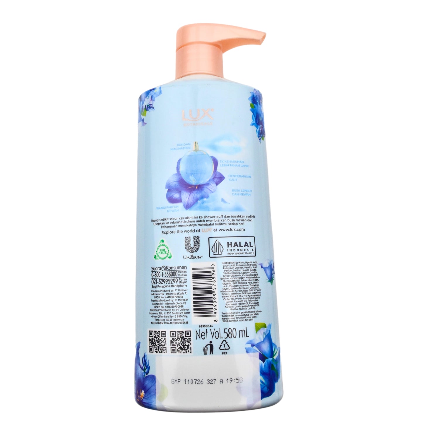 Lux Botanicals Bright Bluebell Brightening Body Wash with Niacinamide 580ml - Gentle Cleansing for Radiant, Even Tone & Glowi
