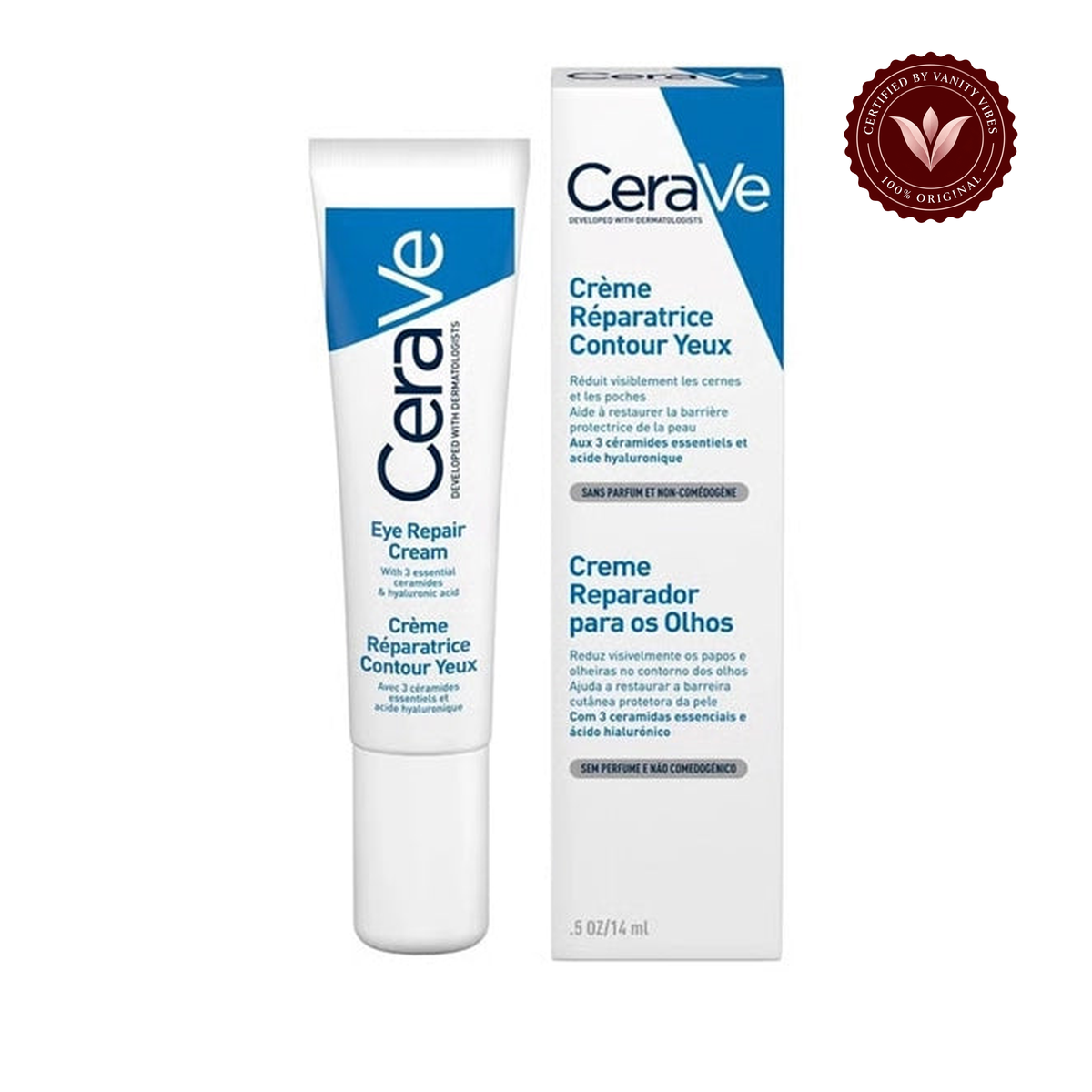 CeraVe Eye Repair Cream 14 ml tube and carton, front view with Vanity Vibes badge