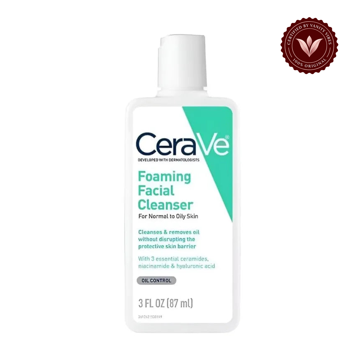 CeraVe Foaming Facial Cleanser 87 ml, front view with Vanity Vibes badge