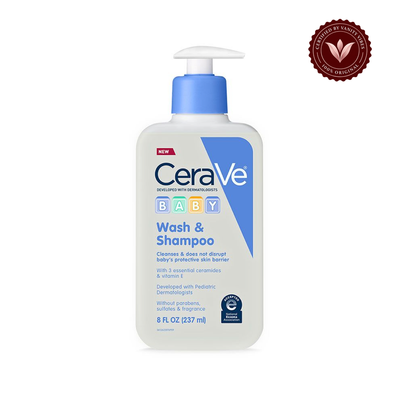 CeraVe Baby Wash & Shampoo 237 ml front bottle with Vanity Vibes badge
