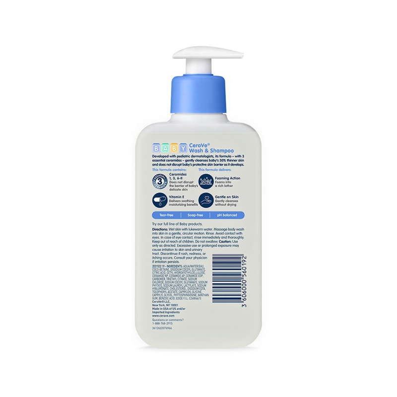 CeraVe Baby Wash & Shampoo 237 ml rear label, UPC 3606000560192