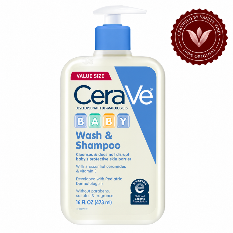 CeraVe Baby Wash & Shampoo 473 ml front bottle with Vanity Vibes badge