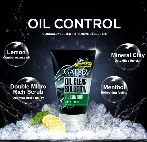 Gatsby Oil Clear Solution Oil Control Clay + Lemon Cooling Face Wash 100g - Deep Cleansing Anti Oil Face Wash for Men Fresh C