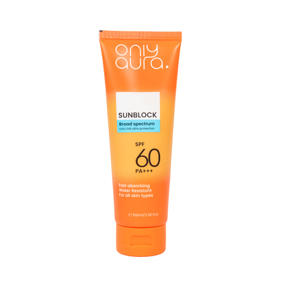 Only Aura Sun Block SPF60 100ml – High Protection Sunscreen for UVA/UVB Defense, Sunburn Prevention, Skin Hydration & Daily O