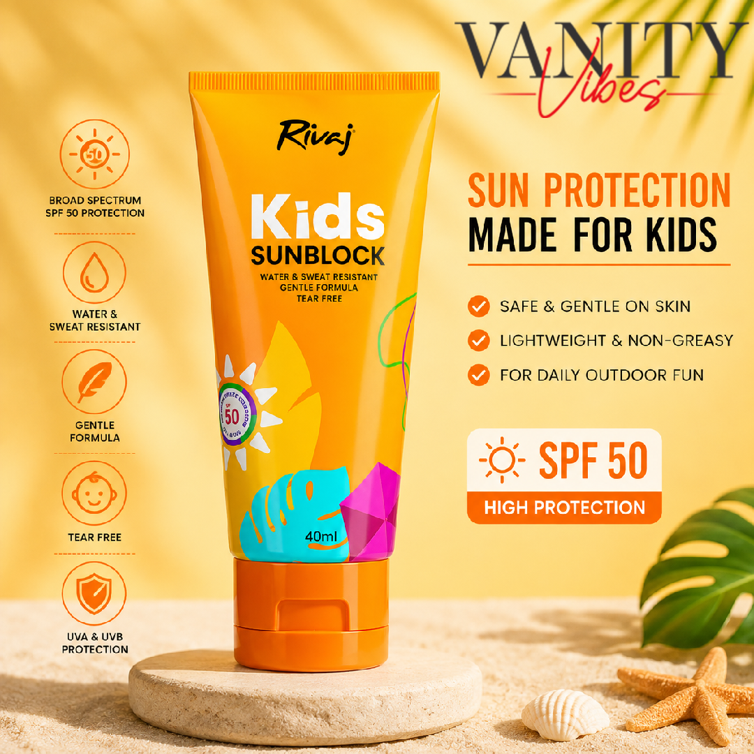 Rivaj Kids Sunblock SPF 50 40ml - Water & Sweat Resistant Gentle Tear-Free Sunscreen for Children