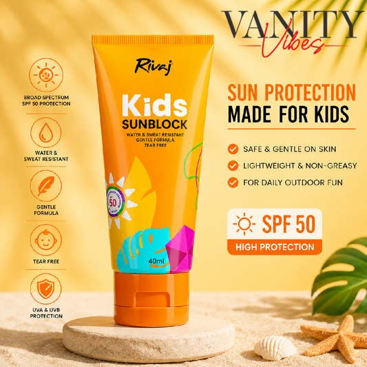 Rivaj Kids Sunblock SPF 50 40ml - Water & Sweat Resistant Gentle Tear-Free Sunscreen for Children