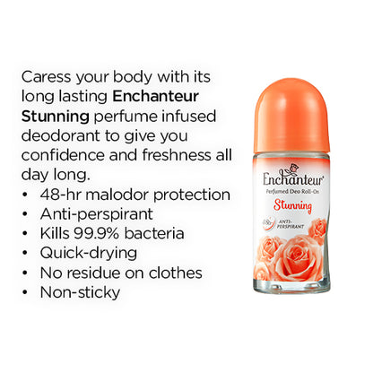 Enchanteur Stunning Roll-On Deodorant 50ml - Long Lasting Floral Fragrance Anti-Perspirant for Women Freshness & Odor Protect