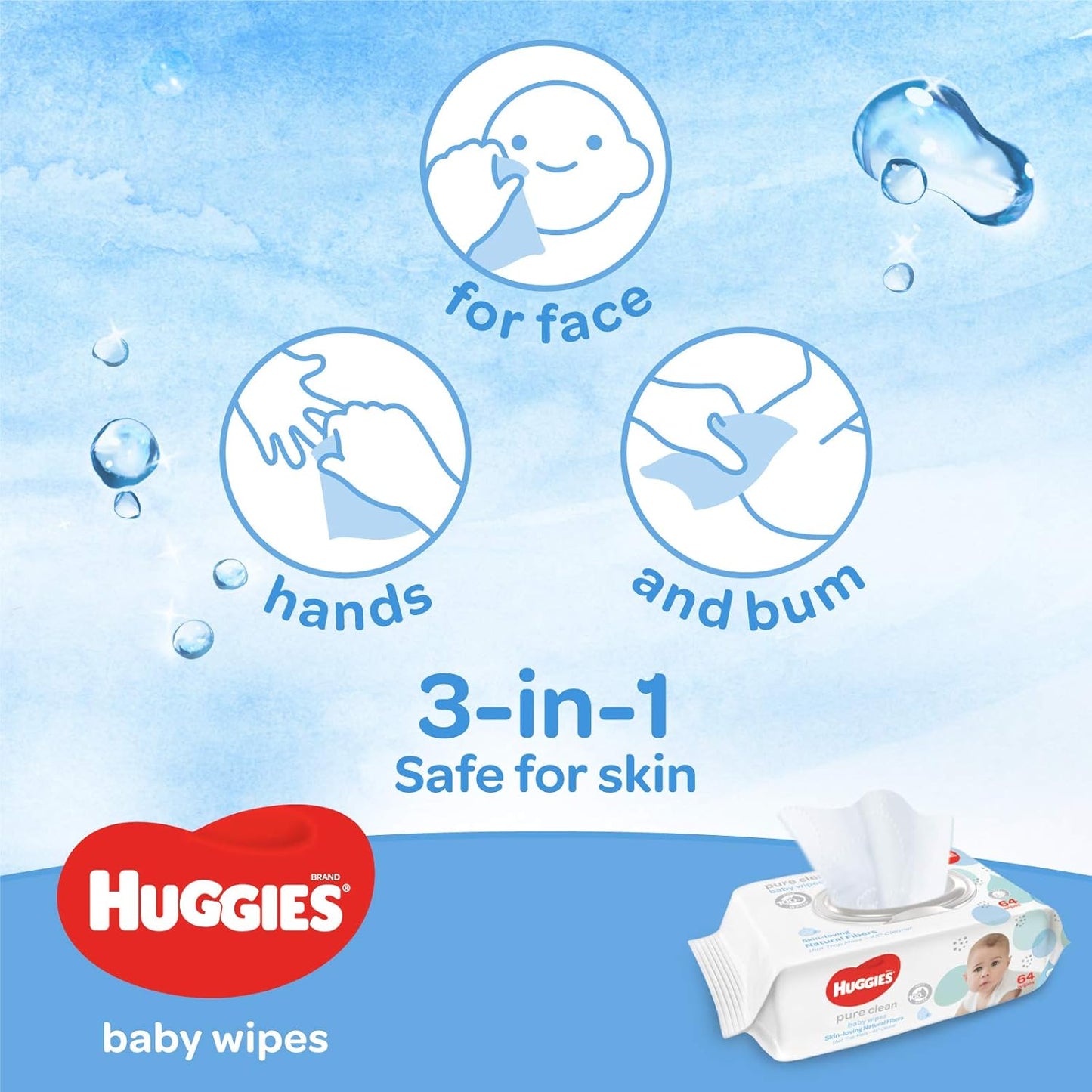 Huggies Pure Clean Baby Wipes 64 Sheets – Gentle Unscented Soft & Safe Skin Care for Newborns