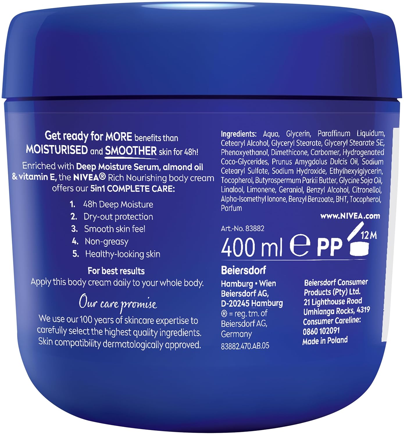Nivea Rich Nourishing Body Cream 400ml Deep Moisture Serum, Almond Oil & Vitamin E, 5-in-1 Complete Care for Dry to Very Dry 