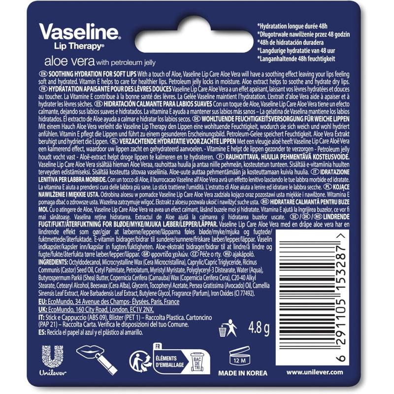 Vaseline Lip Therapy Aloe Vera Lip Balm 4.8g – Hydrating Lip Balm for Soft Smooth Lips, Daily Moisture Care, Dry Lip Protecti