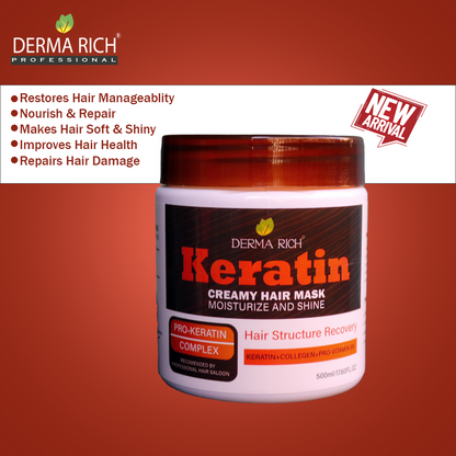 Derma Rich Keratin Creamy Hair Mask 500ml Deep Repair & Strengthening Hair Treatment