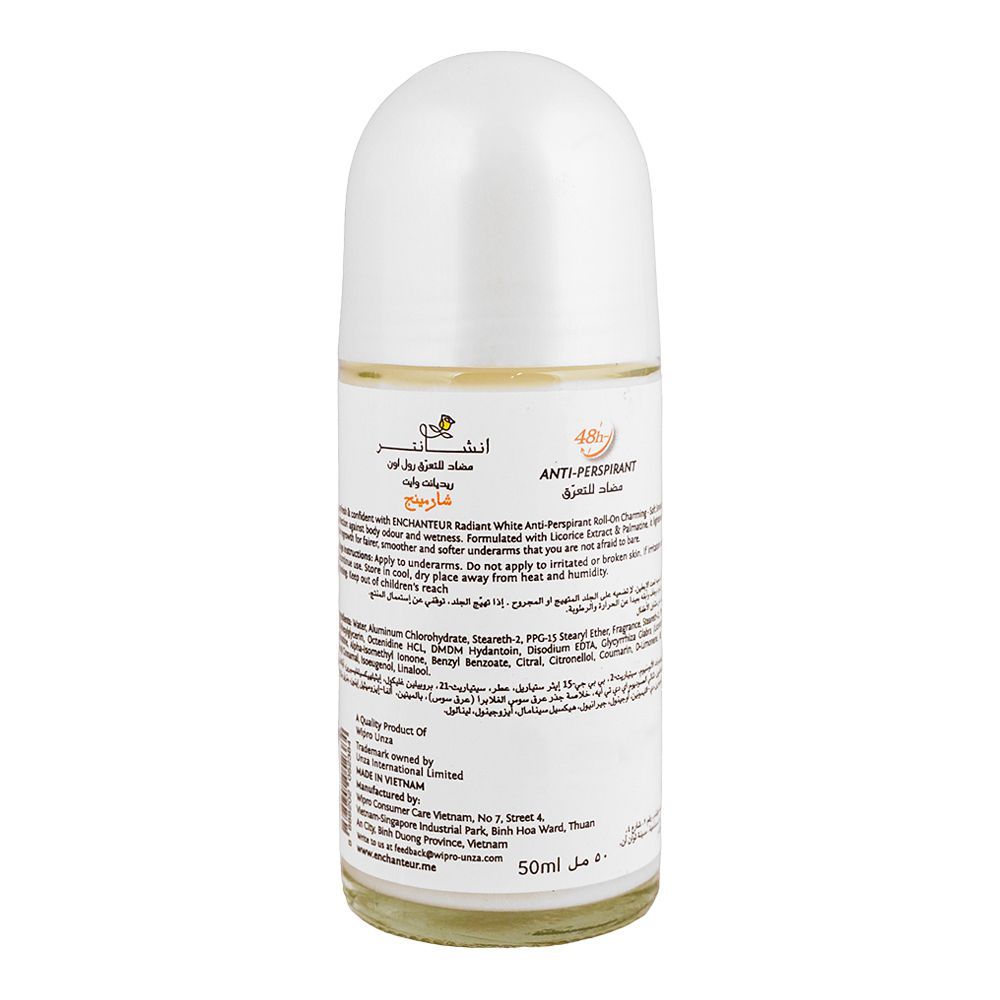 Enchanteur Radiant White Charming Anti-Perspirant Roll-On 50ml - Long Lasting Brightening Deodorant for Women Soft Smooth Ski