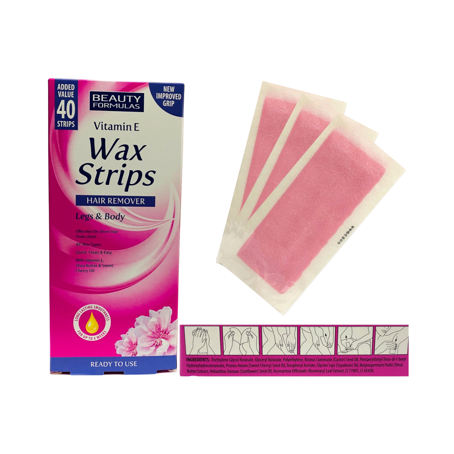 Beauty Formulas Vitamin E Hair Remover Legs & Body ( 40 Wax Strips) for Women