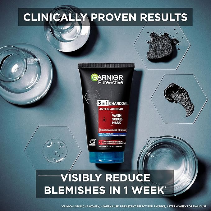 Garnier Pure Active 3-in-1 Cleansing Gel, Scrub & Mask with Activated Charcoal 150ml Anti-Blackheads & Deep Cleansing