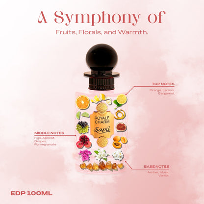 Sapil Royale Charm Eau de Parfum for Men & Women 100ml - Long Lasting Luxury Floral Woody Fragrance Perfume with Elegant Unis