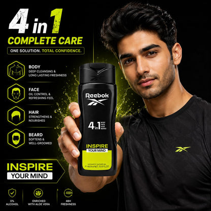 Reebok Men 4-in-1 Inspire Your Mind Shower Gel 400ml - All-in-One Hair, Face & Body Wash for Deep Cleansing, Long Lasting Fre