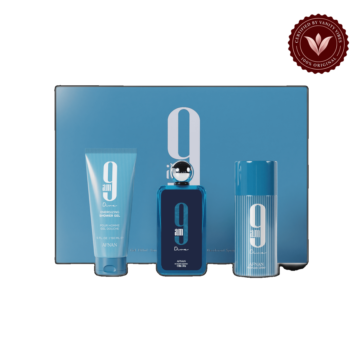Gift Set 9 AM Dive By AFNAN Eau De Parfum 100 ML + Deodorant 150 ML + Shower Gel 150 ML, Perfume Gift Set For Men & Women — alternate product view, transparent background