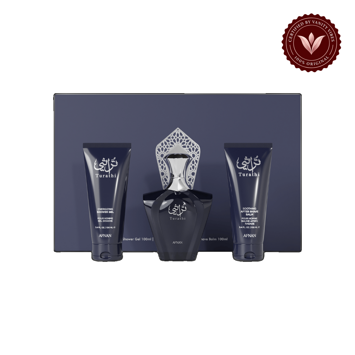 Gift Set Turathi Pour Homme Blue by Afnan Eau de Parfum 100ml+Shower Gel 100ml+After Shave 100ml Gift Set for Men — alternate product view, transparent background