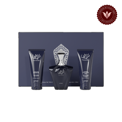 Gift Set Turathi Pour Homme Blue by Afnan Eau de Parfum 100ml+Shower Gel 100ml+After Shave 100ml Gift Set for Men — alternate product view, transparent background