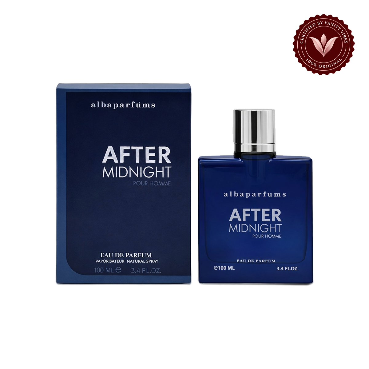 Alba After Midnight Pour Homme; bottle and box, transparent background, Vanity Vibes badge
