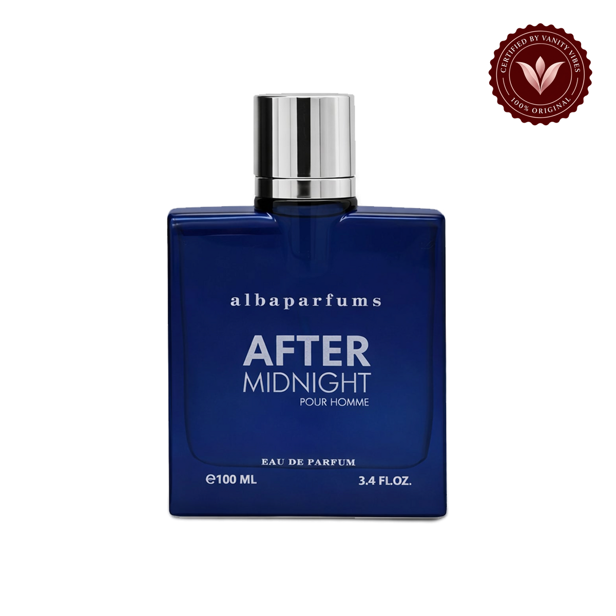 Alba After Midnight Pour Homme; single front-facing product, transparent background, Vanity Vibes badge
