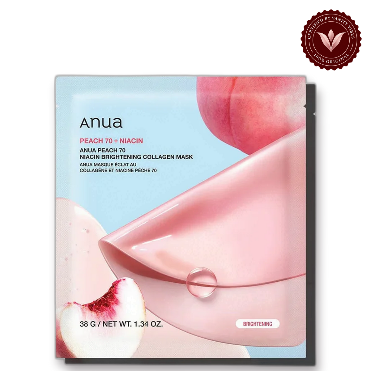 Anua Peach 70+ Niacin Brightening Collagen Mask 38 g Radiance Boost & Even Skin Tone (K Beauty) — front view