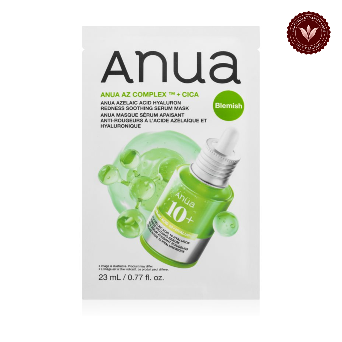 Anua Azelaic Acid Hyaluron Redness Soothing Serum Mask 23ml front product image with Vanity Vibes seal