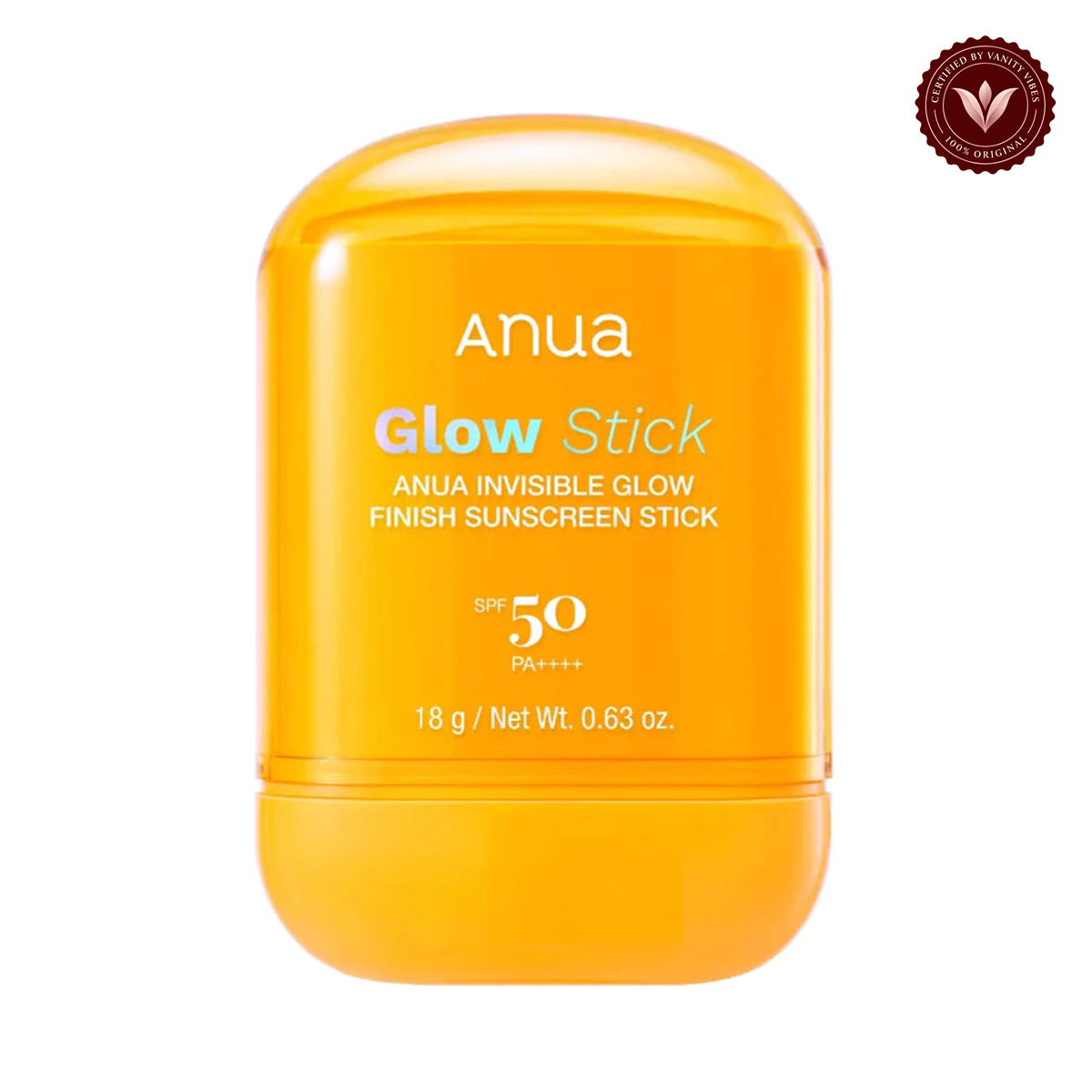 Anua Invisible Glow Finish Sunscreen Stick SPF50 PA++++ 18g front product image with Vanity Vibes seal